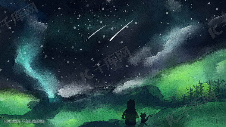 唯美星空下的少女与猫