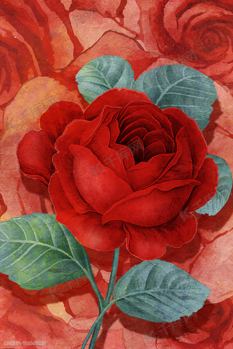 浪漫唯美红色系手绘风玫瑰花花丛叶子背景520