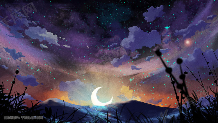 夜晚星空星星治愈唯美月亮风景植物夜景天空云背景