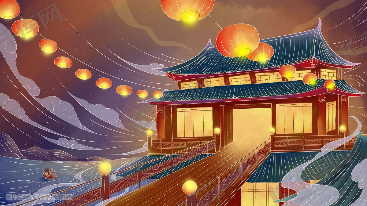 中国风大气场景月色下的水上楼阁手绘插画