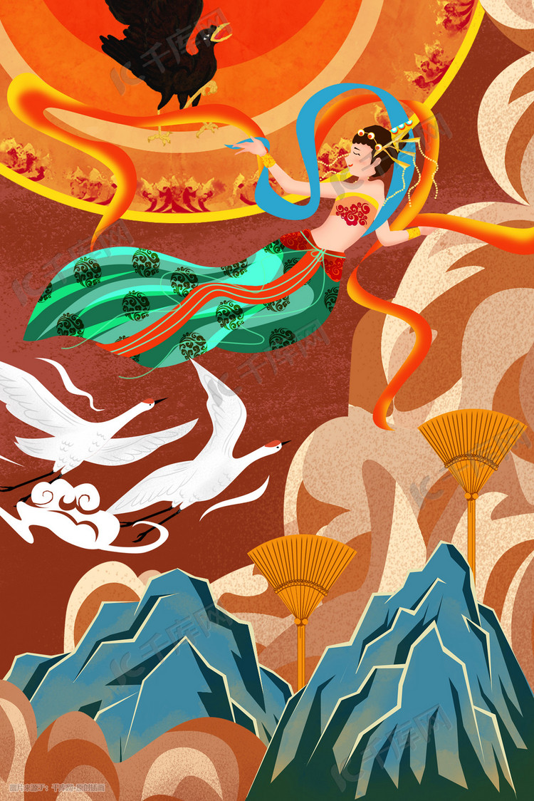 国潮敦煌飞天壁画插画背景