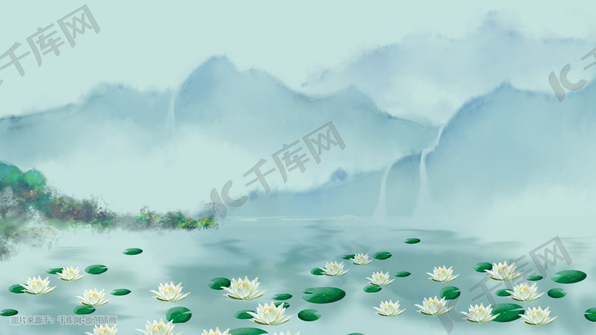 蓝色系中国风古风山脉湖面莲花背景