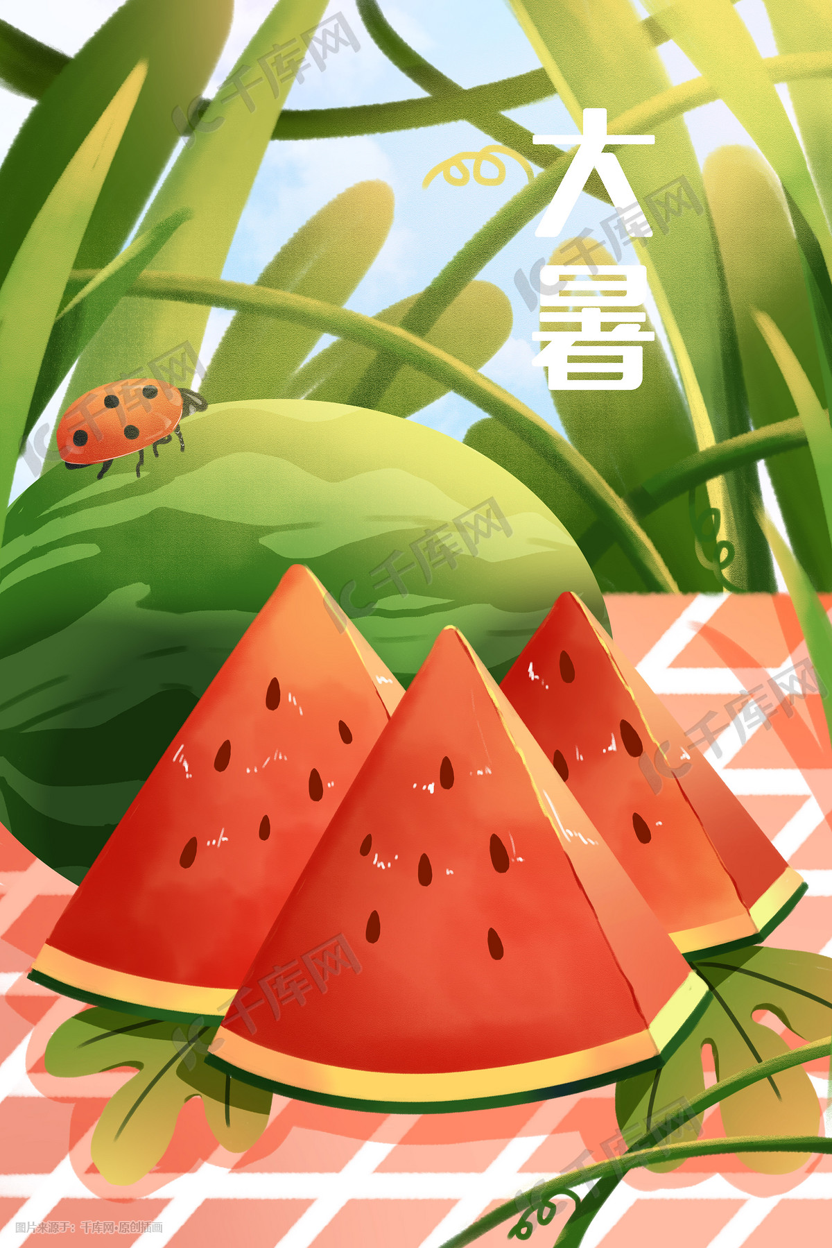 节气大暑西瓜瓜田插画图片-千库网