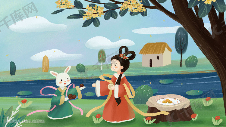 中秋节嫦娥和小兔子做月饼场景中秋