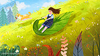 61儿童节少女童年童趣山坡草坪风景插画六一