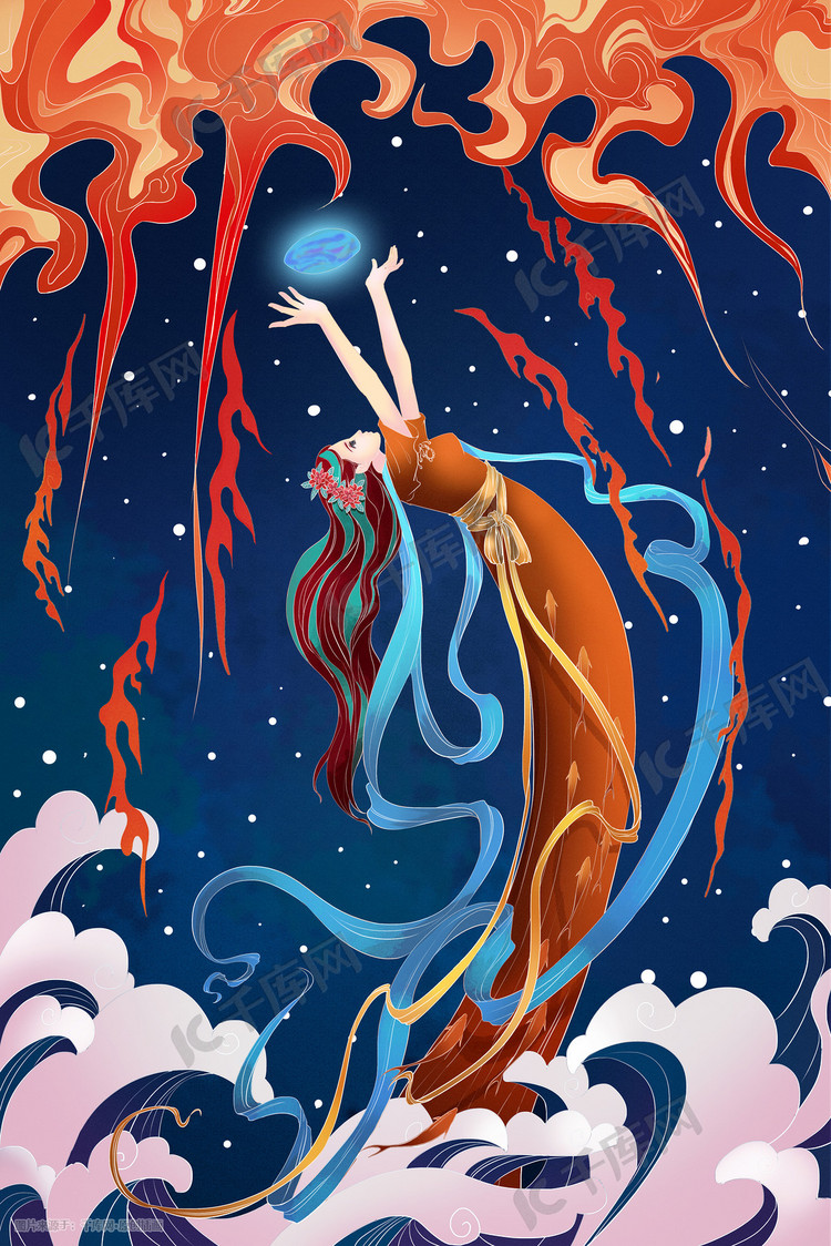 神话故事中国风国潮女娲补天国潮插画图片-千库网