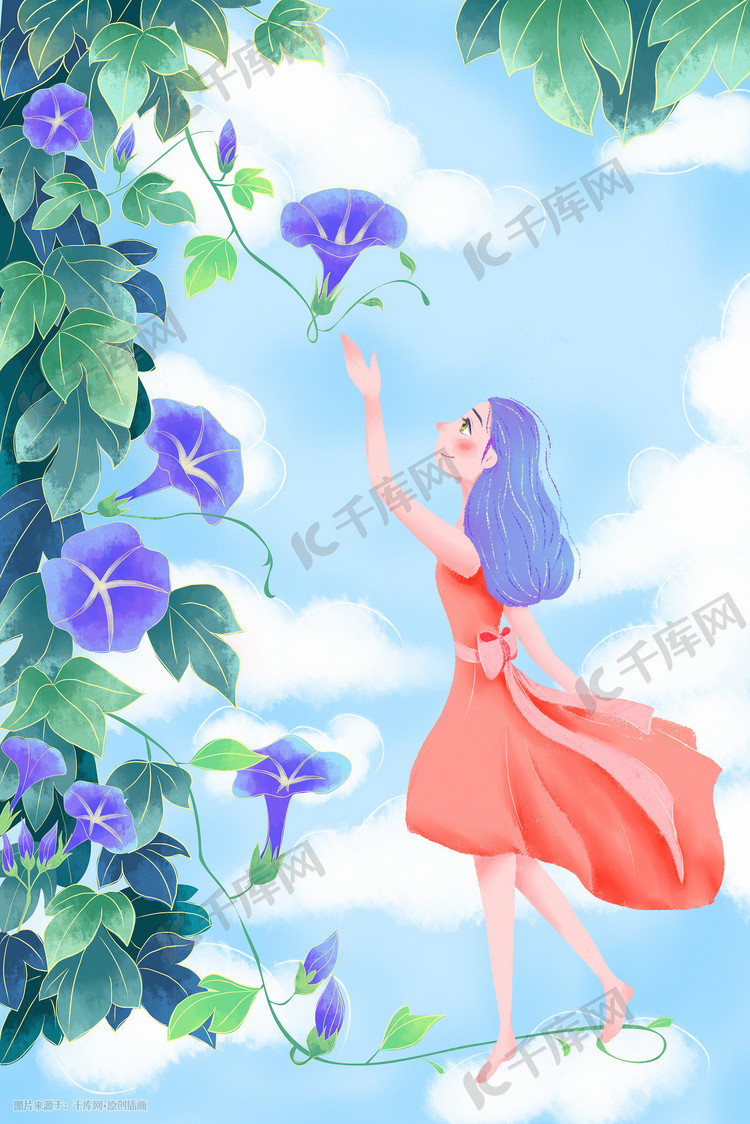 原创立夏时节牵牛花开手绘插画