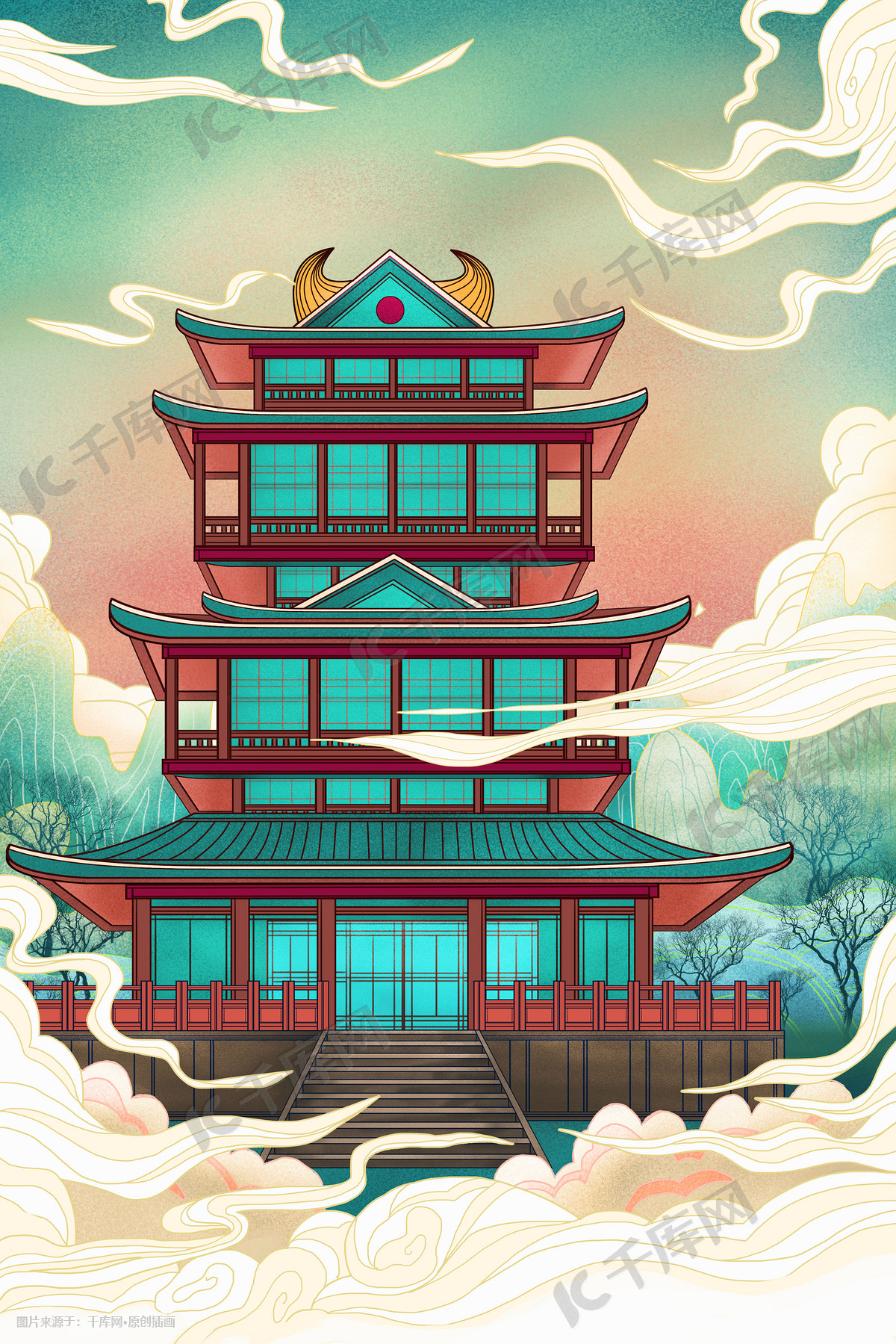 古风建筑塔楼中国风插画图片-千库网