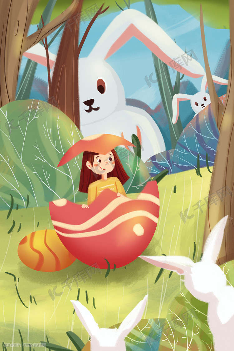 复活节兔子彩蛋森林动物植物少女插画