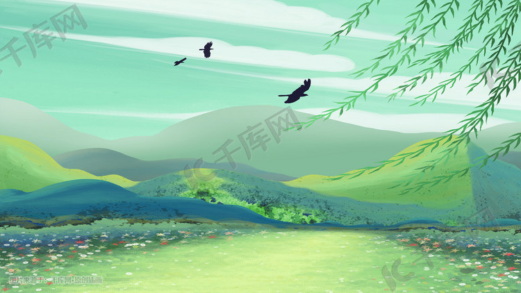 绿色系治愈清新唯美山脉草地垂柳燕子背景