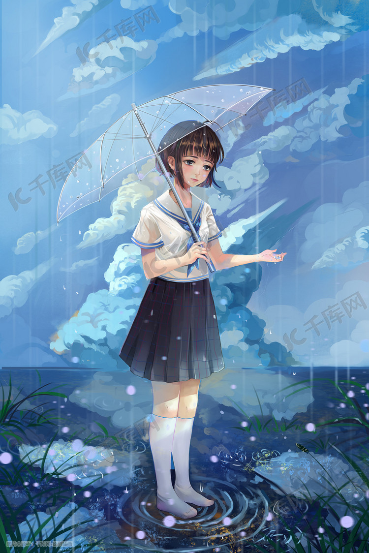 立夏节气雨中打伞女孩插画