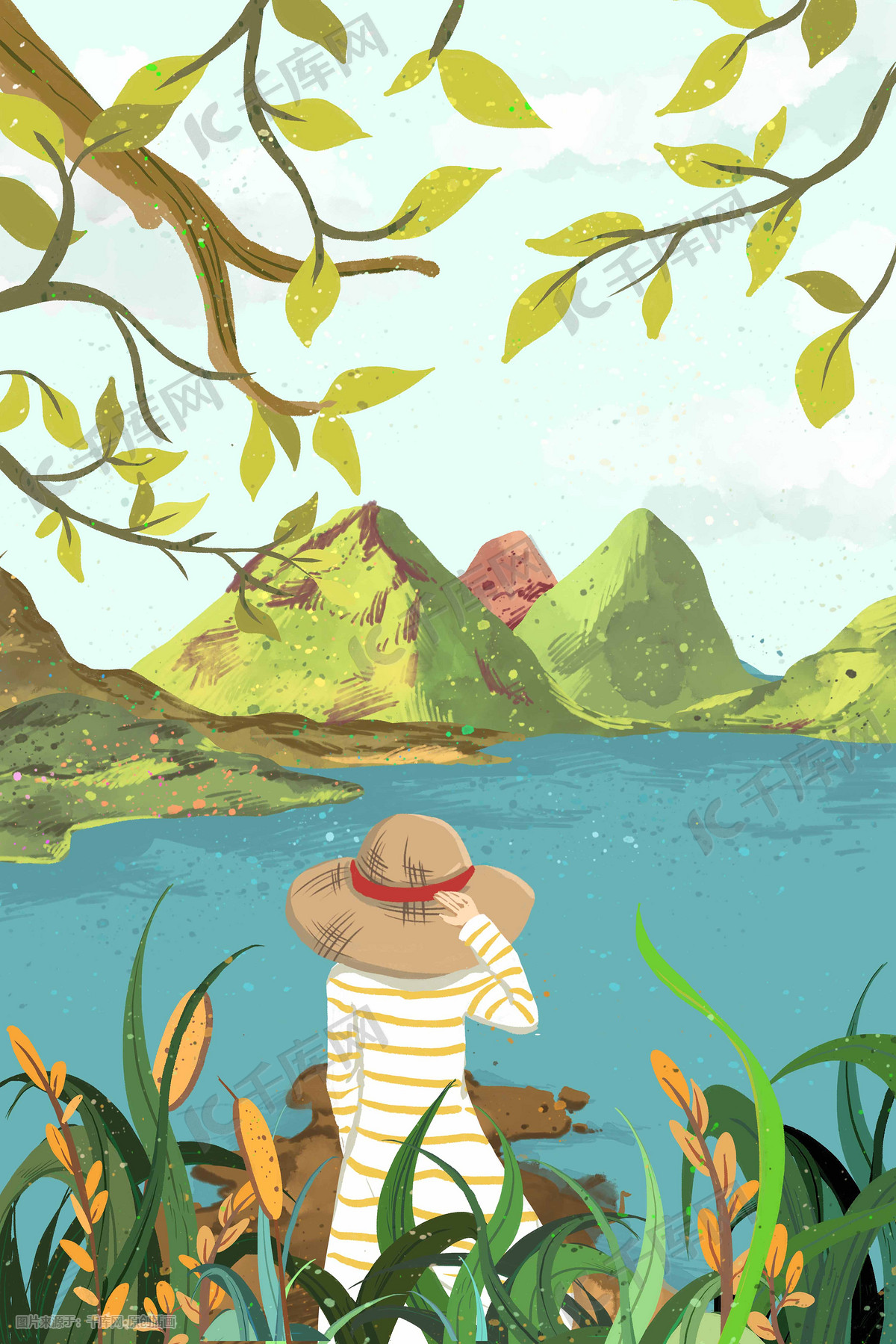 春天春游湖边踏青插画图片-千库网