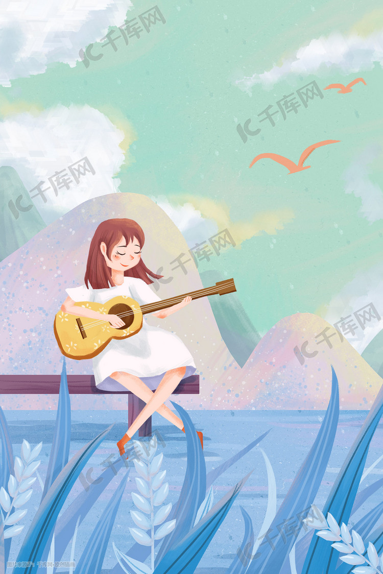 24节气小满稻谷节气风景少女弹吉他插画