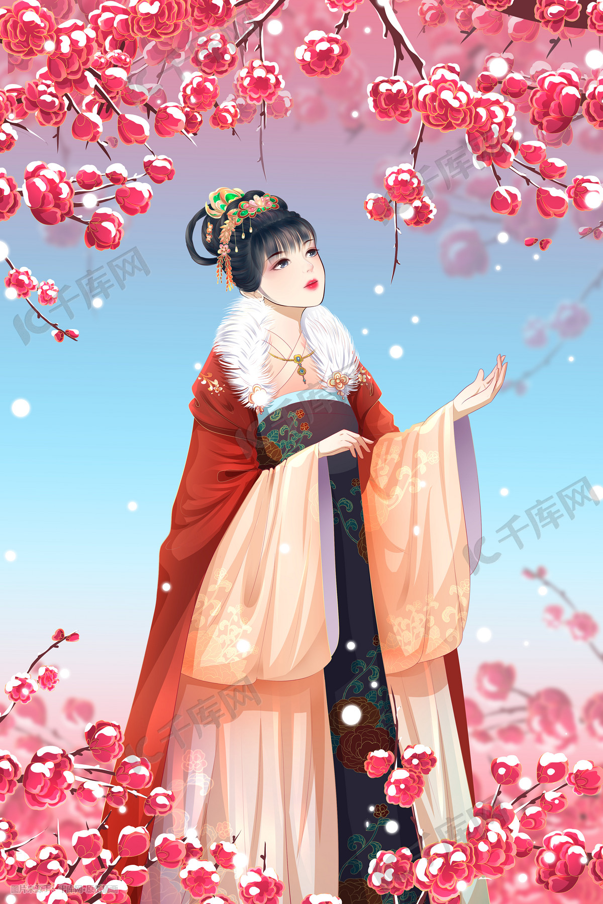 二十四节气大雪梅花古风雪景插画图片-千库网