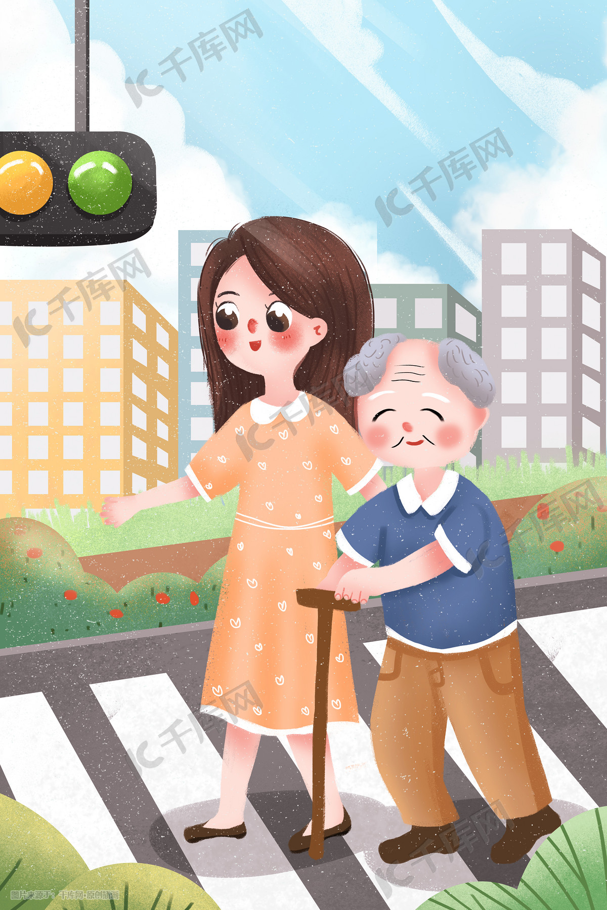 小清新关爱保护老人女孩扶老人过马路插画图片-千库网