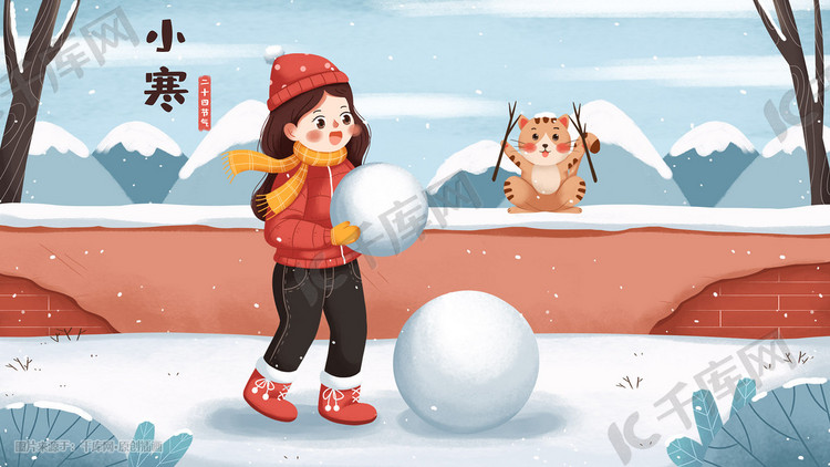 小寒冬季雪天女孩猫咪堆雪人雪景