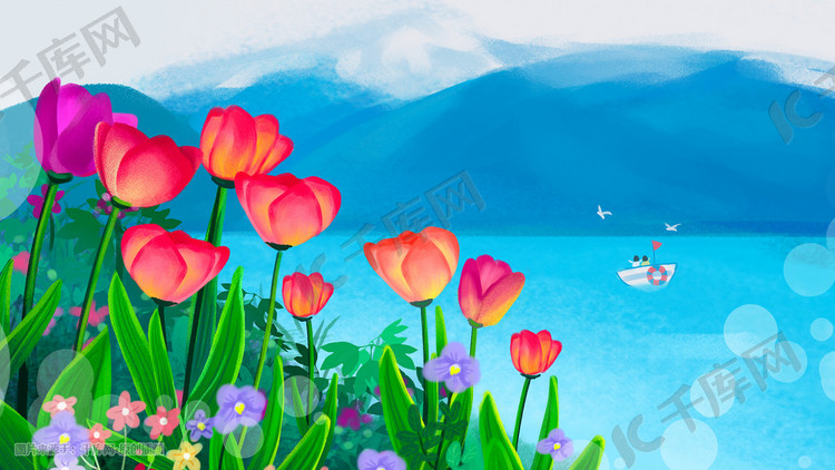 郁金香花朵主题蓝天大海花满山坡唯美风景