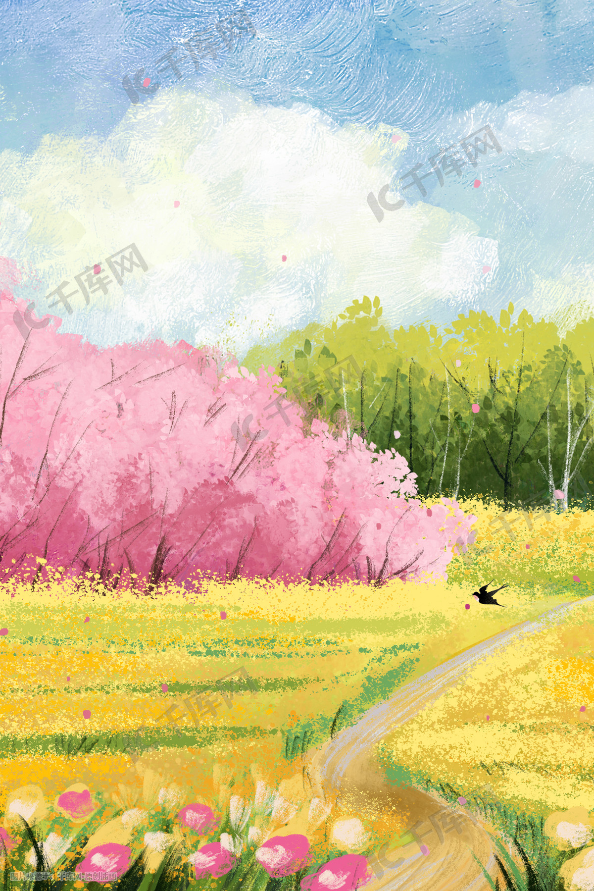 春天油画风景樱花和油菜花
