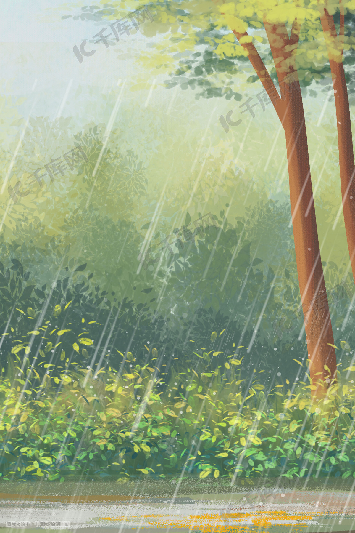 春天绿色小清新下雨治愈景色