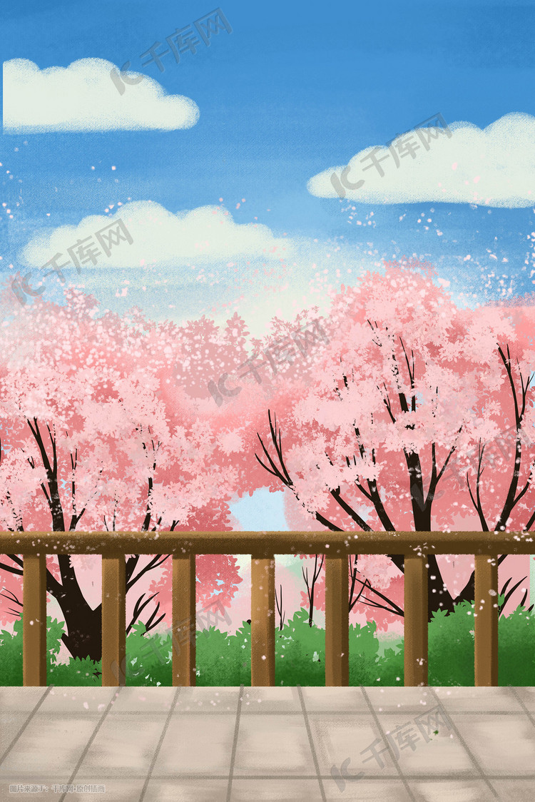 春天春季看花赏花樱花花海唯美粉色插画图片-千库网