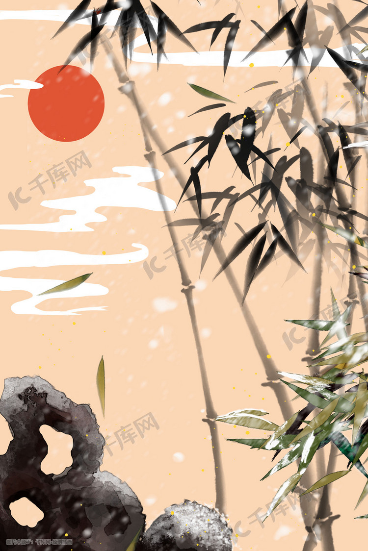 国潮日系浮世绘竹子太阳假山云纹