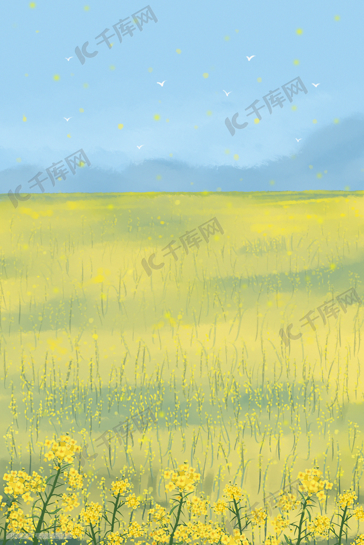 春天绿色治愈唯美油菜花田花海景色插画图片-千库网