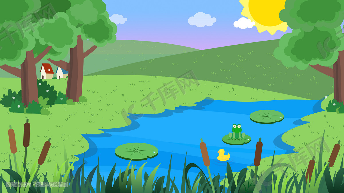 卡通风格池塘边的小青蛙插画图片-千库网