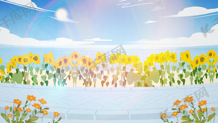夏季唯美治愈小清新阳光向日葵花朵马路插画图片-千库