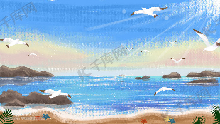 夏日海边沙滩海鸥治愈小清新景色大暑