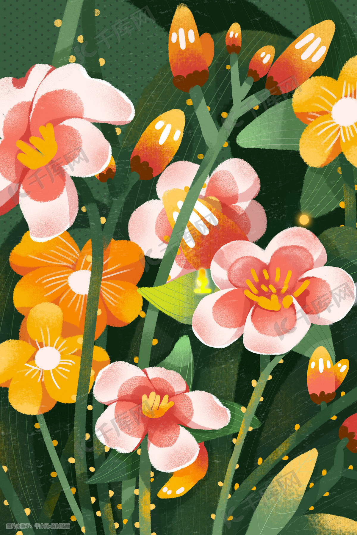 春天夏天花朵花植物花丛花朵鲜花绿叶春夏插画图片-千库网
