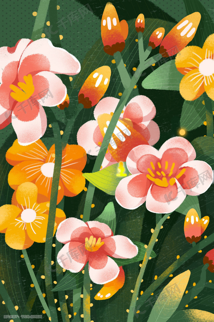 春天夏天花朵花植物花丛花朵鲜花绿叶春夏插画图片-千库网
