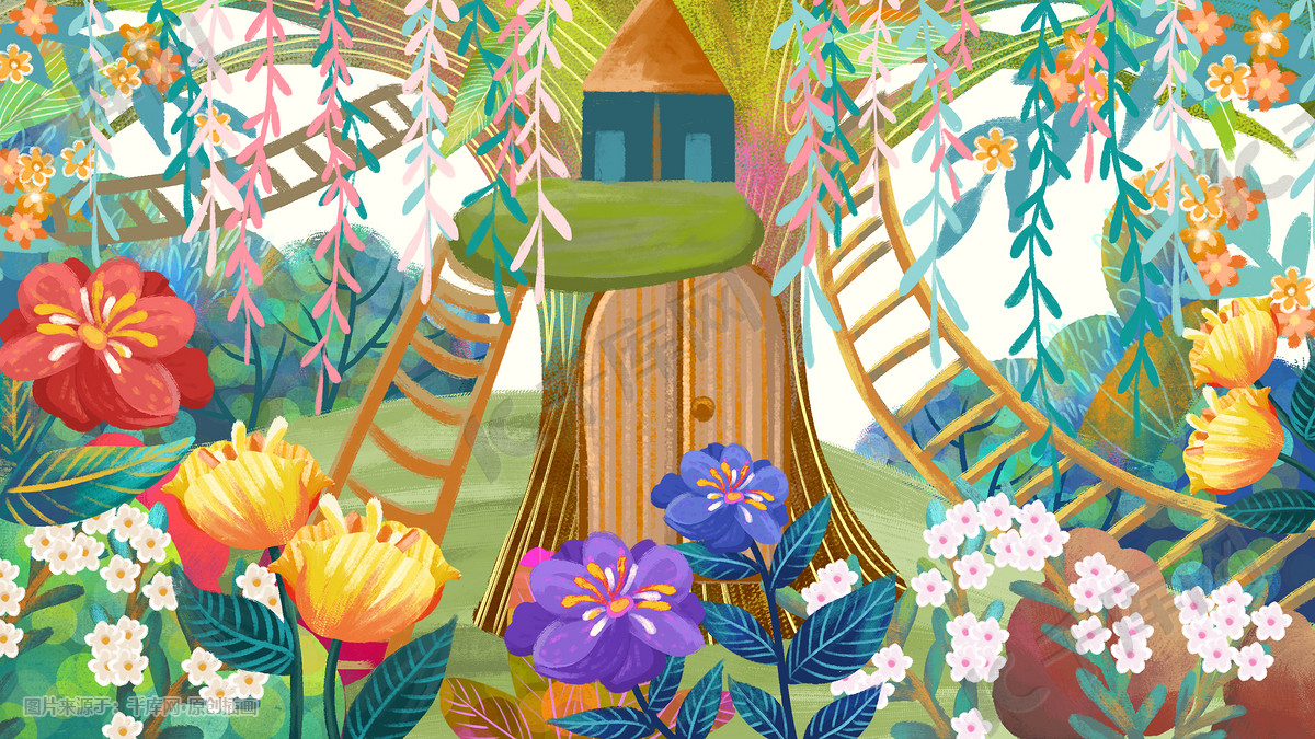 可爱花园风景背景插画图片-千库网
