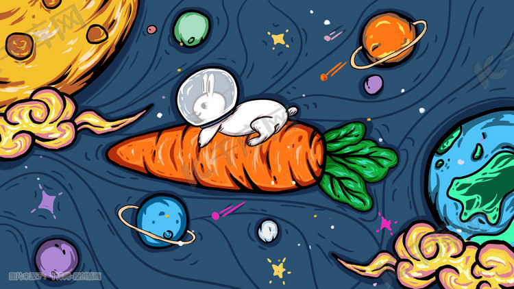 世界航天日宇宙太空星球可爱兔子插画火箭