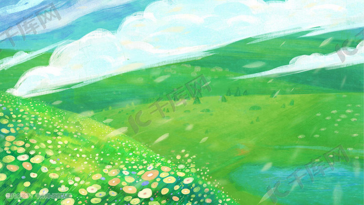 春天的绿草地风景手绘