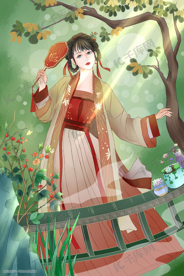 汉服古风拿扇子的女子手绘插画