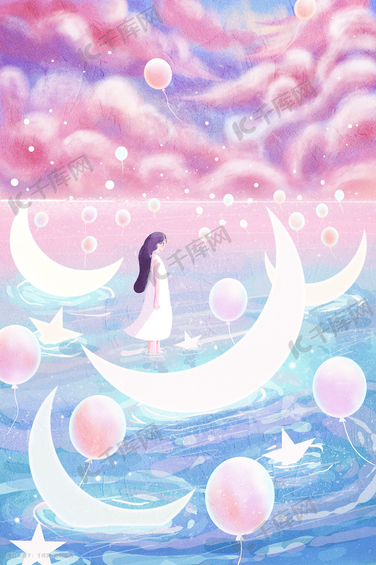 夏天治愈梦幻系唯美粉色插画配图