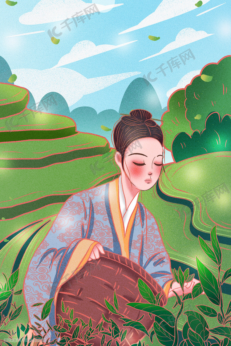国际茶日采茶卡通插画