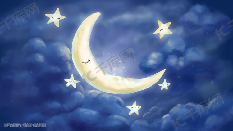 蓝色治愈唯美天空夜晚月亮星星浪漫场景