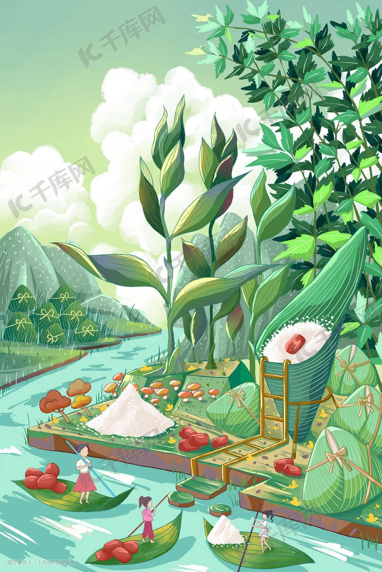 端午节包粽子场景手绘插画端午