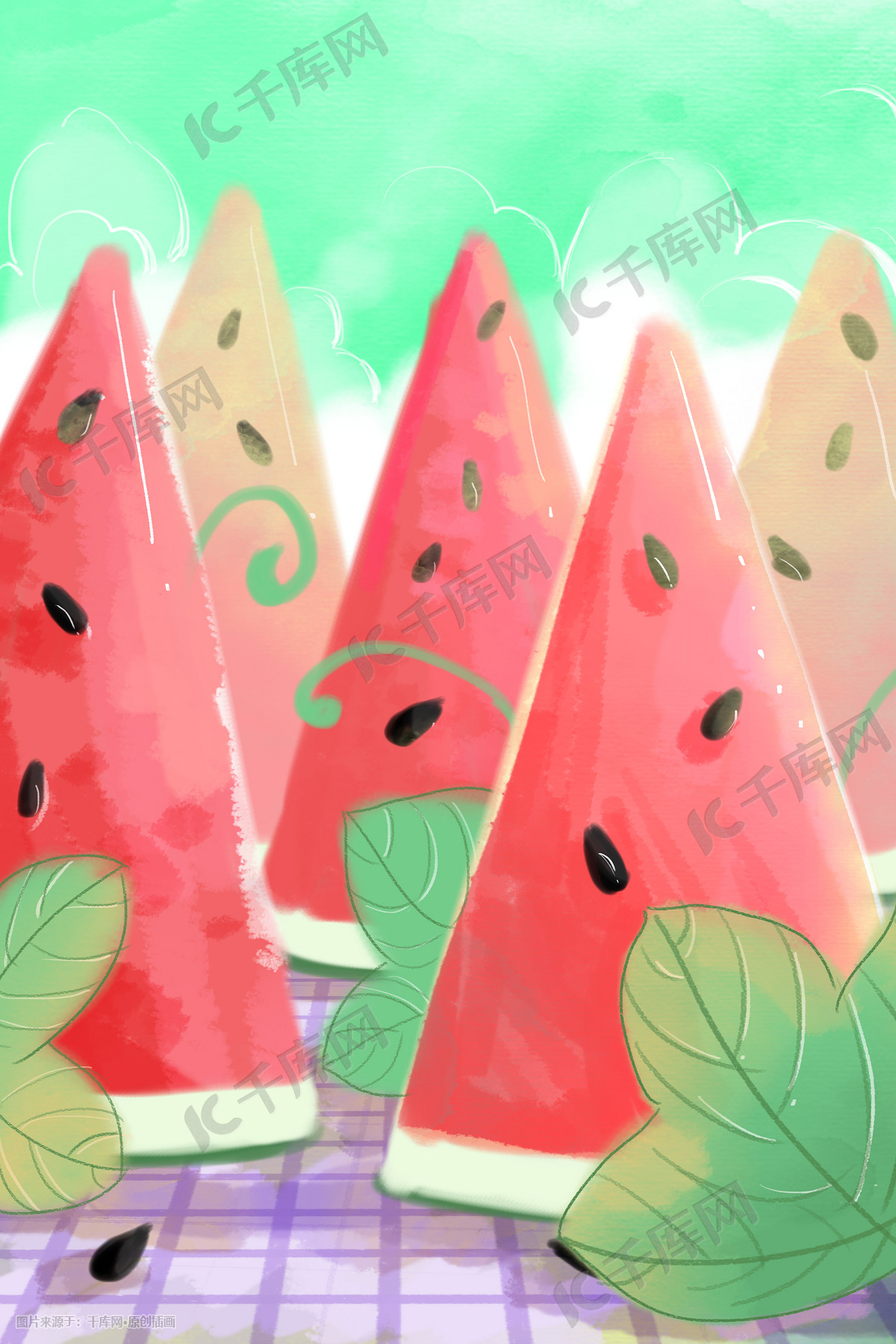 创意夏天西瓜田唯美可爱小清新插画