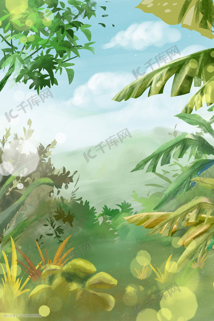 夏至清凉森林树荫手绘卡通风格插画