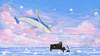梦幻唯美治愈果冻色之海上钢琴鲸鱼水母