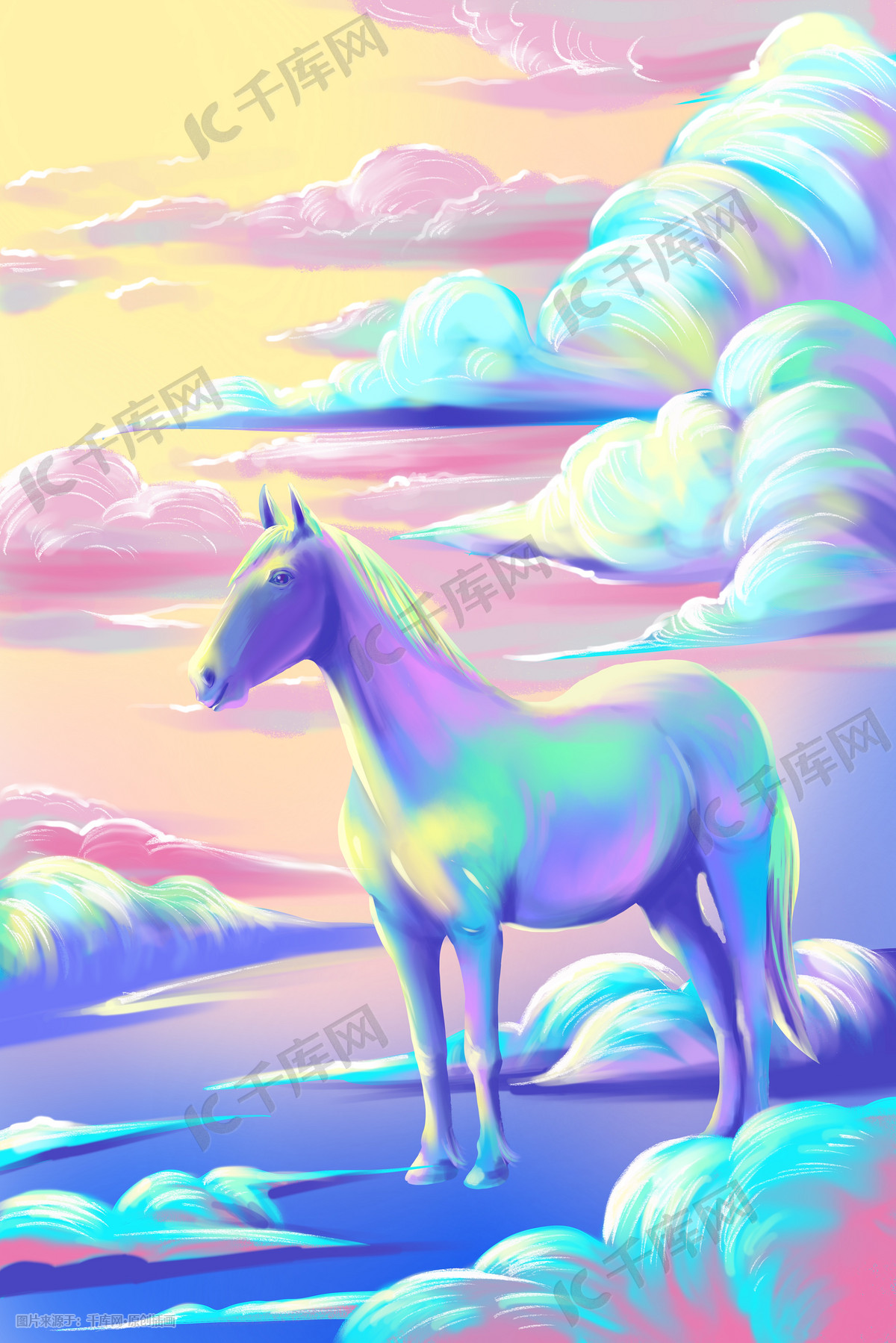 梦幻唯美马以梦为马天空之境插画图片-千库网