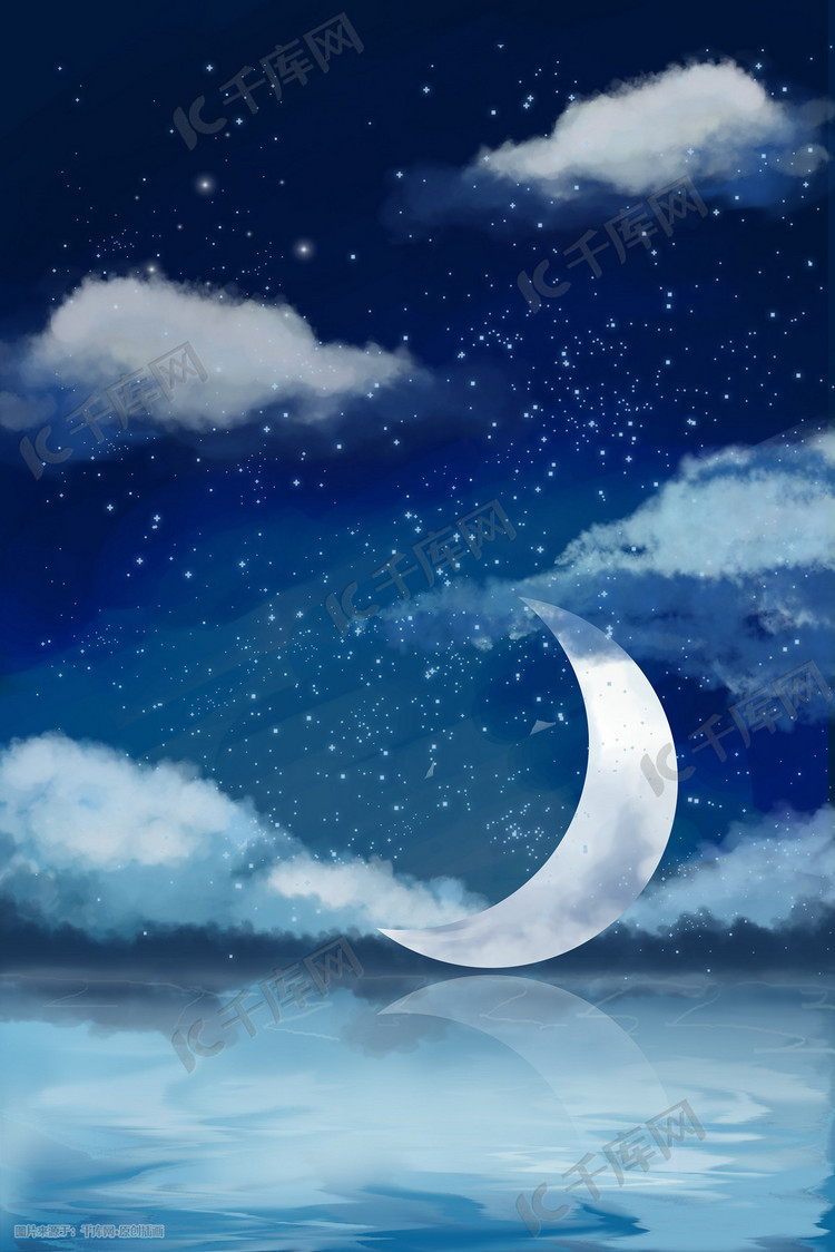 蓝色治愈唯美浪漫星空月亮云朵大海手绘