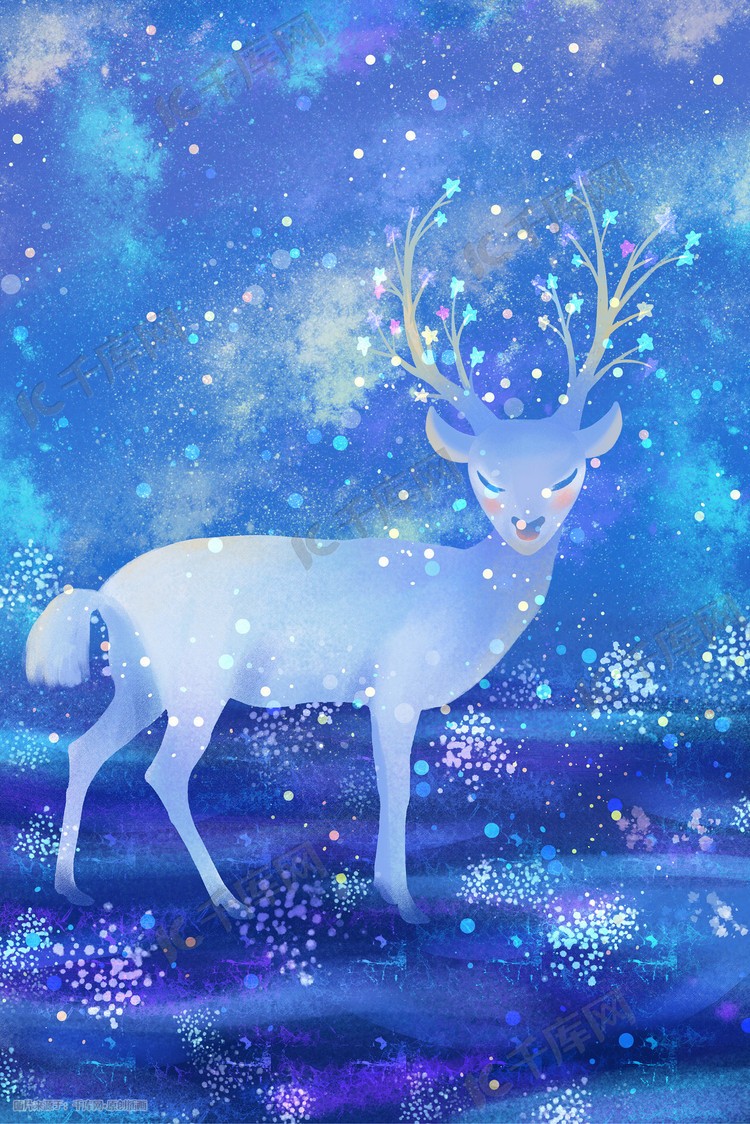 小清新蓝色小鹿治愈唯美梦幻星空星星场景