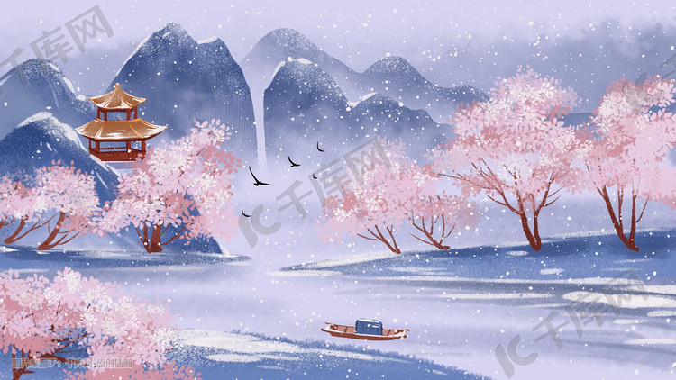 冬天风景湖边雪林中国风山水雪景