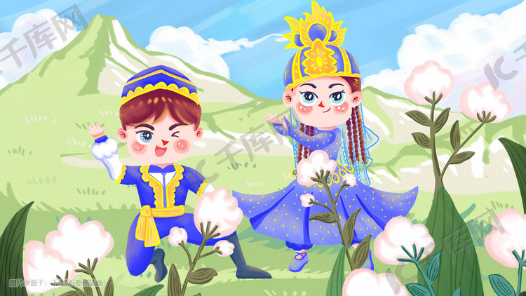 维吾尔族新疆天山草地情侣跳舞棉花