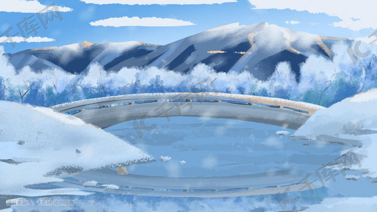 冬季唯美湖边冷色调大场景插画
