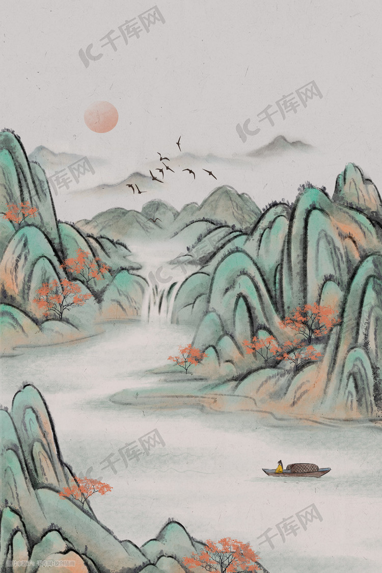 中国风国画山水风景彩色水墨画