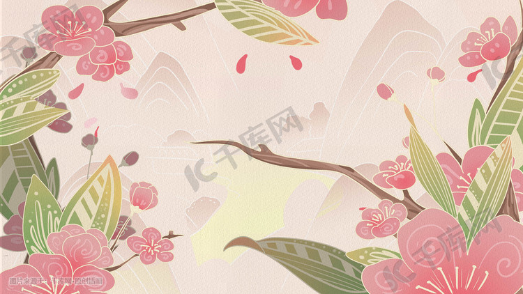 粉色春天桃花树枝盛开矢量扁平插画